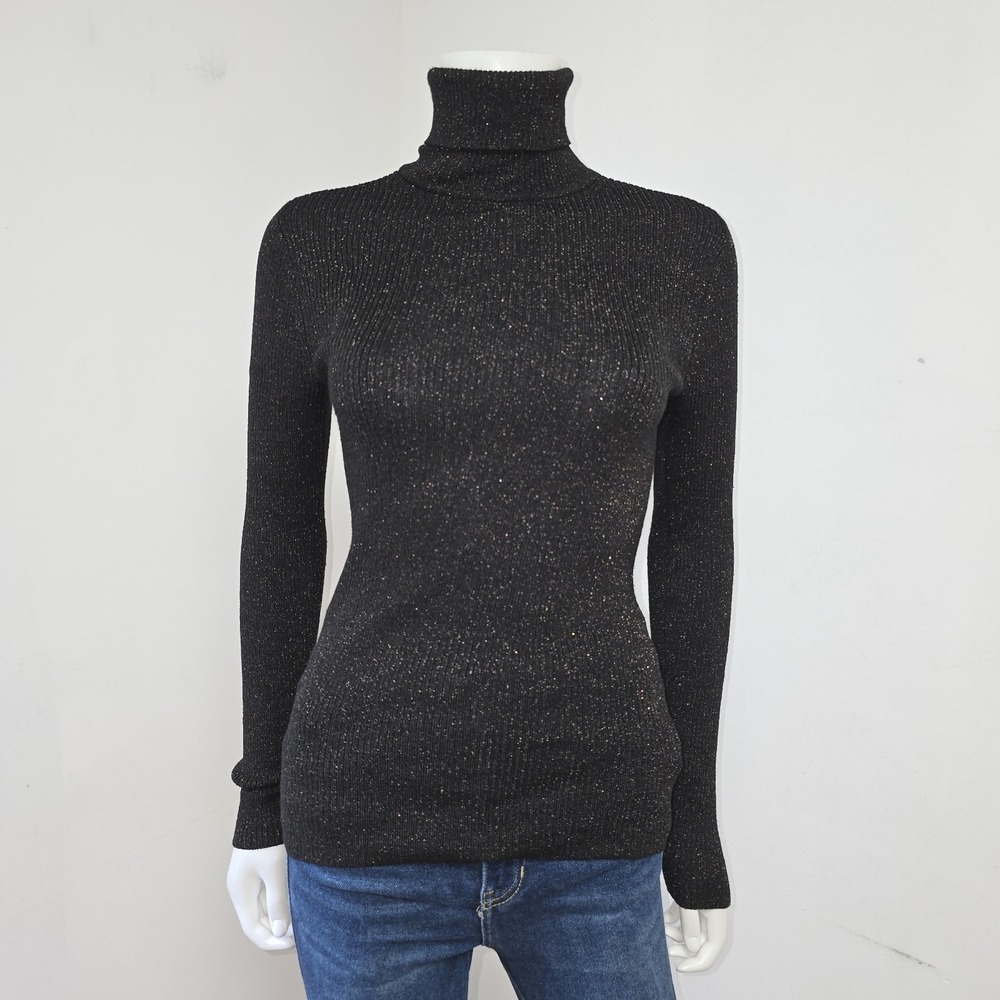 Express Turtleneck Ribbed Top Size S Black Copper Flecked Long Sl Fitted Stretch